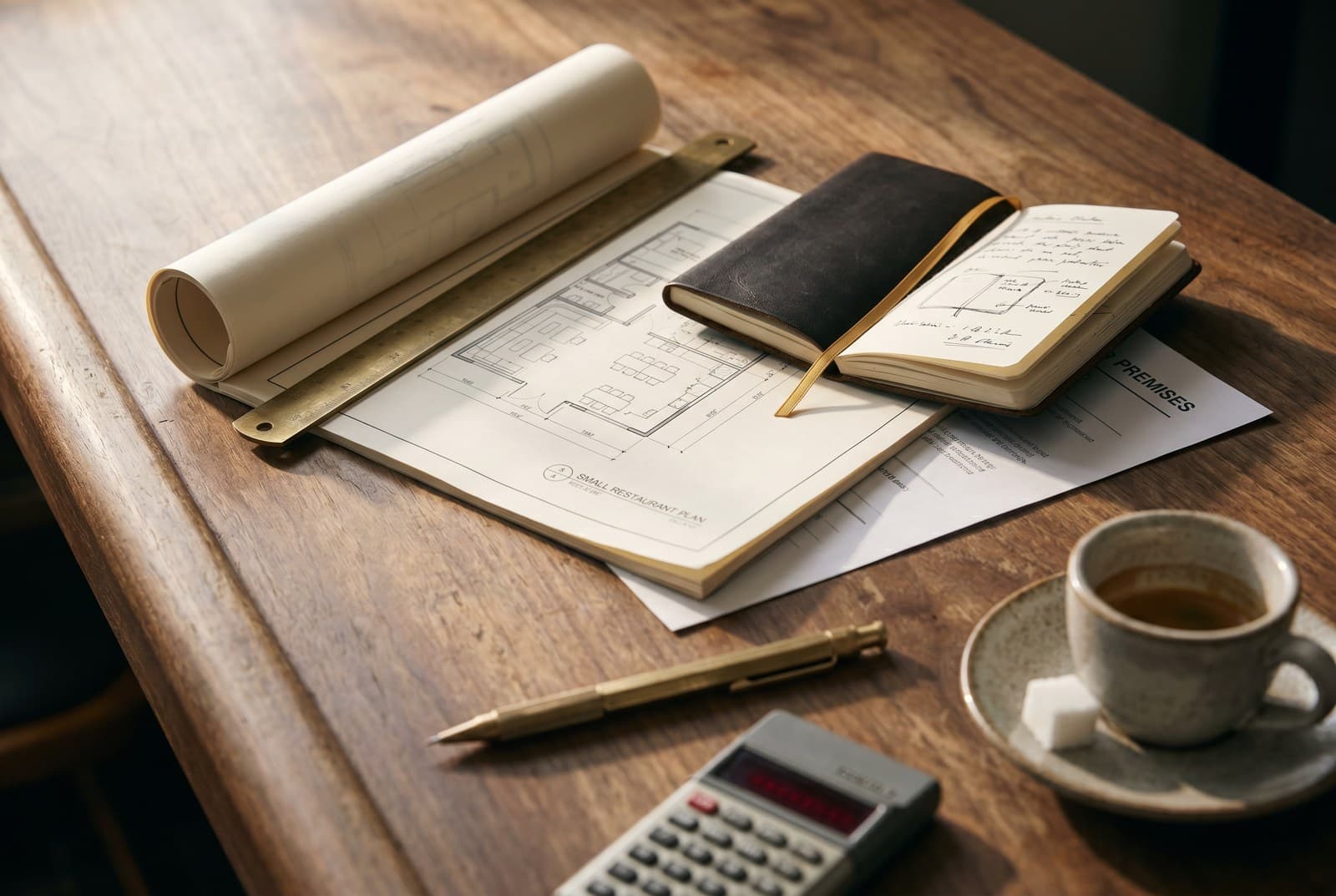 Architect's blueprint, leather notebook, brass calculator and espresso cup on a wooden bartop — the planning moment before opening a restaurant.